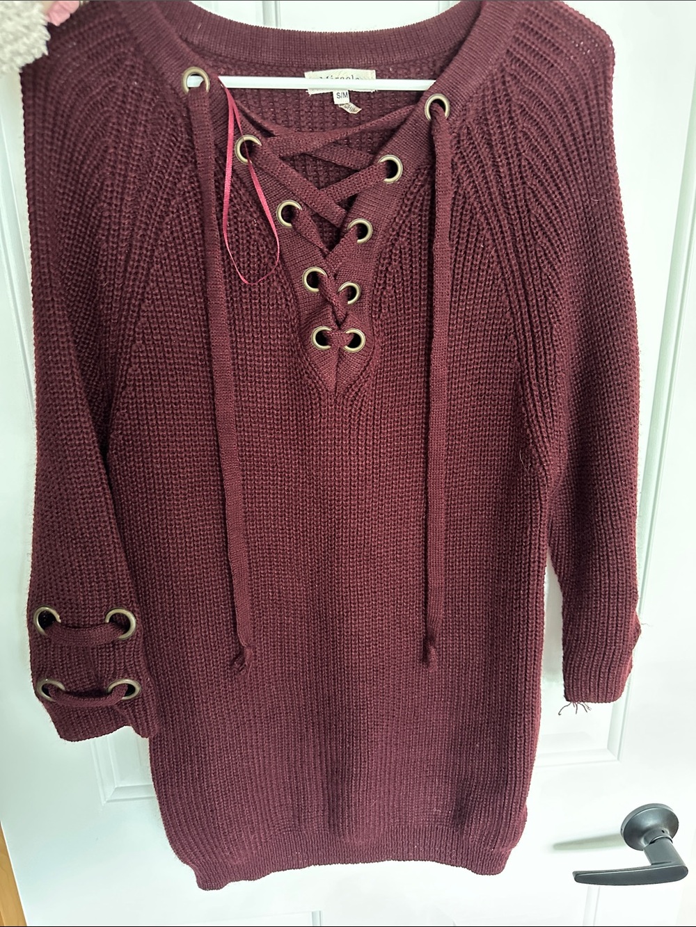 Lace-Up Burgundy Knit Sweater Dress